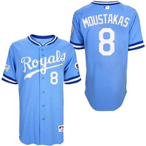 Men's Majestic Kansas City Royals #8 Mike Moustakas Authentic Light Blue 1985 Turn Back The Clock MLB Jersey