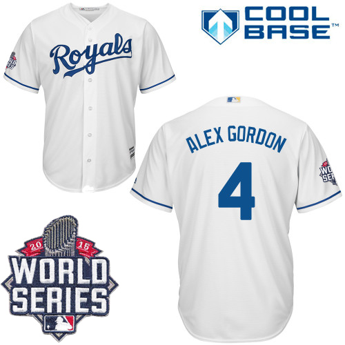 Men's Majestic Kansas City Royals #4 Alex Gordon Replica White Home Cool Base 2015 World Series MLB Jersey