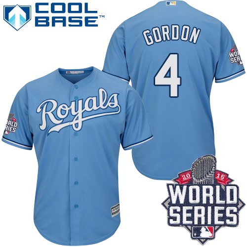 Men's Majestic Kansas City Royals #4 Alex Gordon Authentic Light Blue Alternate 1 Cool Base 2015 World Series MLB Jersey