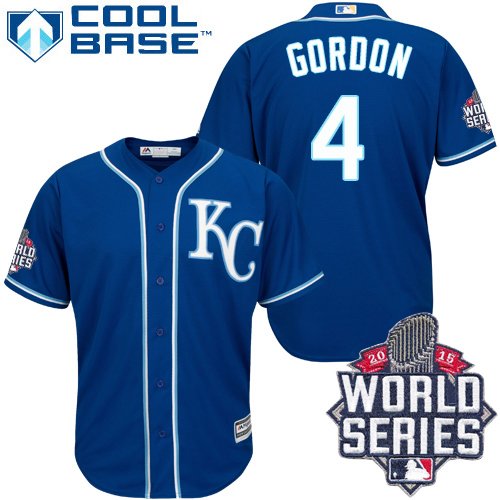 Men's Majestic Kansas City Royals #4 Alex Gordon Authentic Blue Alternate 2 Cool Base 2015 World Series MLB Jersey