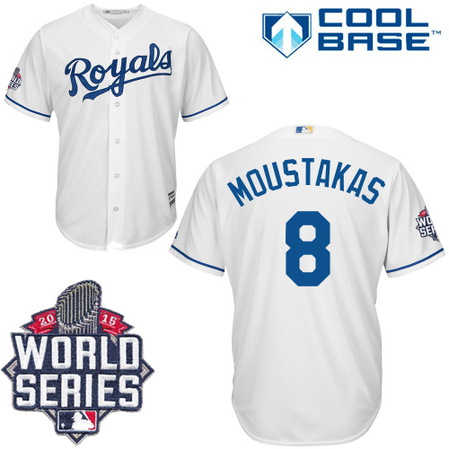 Men's Majestic Kansas City Royals #8 Mike Moustakas Authentic White Home Cool Base 2015 World Series MLB Jersey