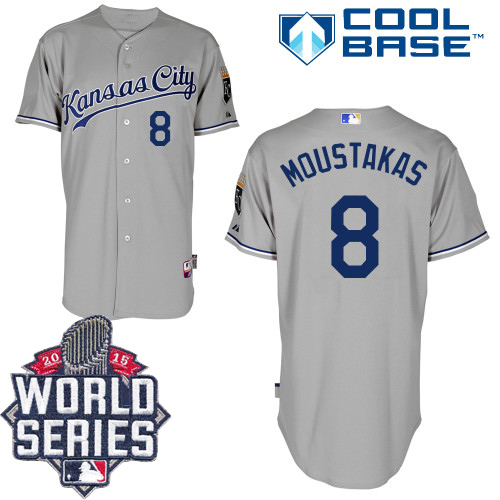 Men's Majestic Kansas City Royals #8 Mike Moustakas Replica Grey Road Cool Base 2015 World Series MLB Jersey