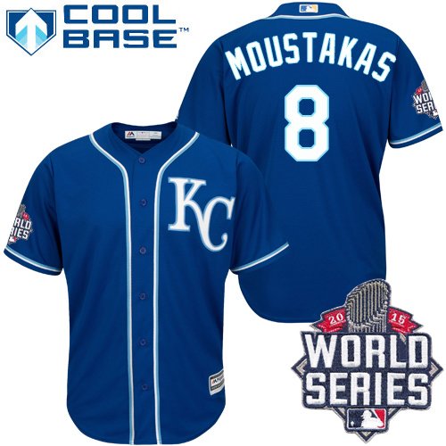 Men's Majestic Kansas City Royals #8 Mike Moustakas Authentic Blue Alternate 2 Cool Base 2015 World Series MLB Jersey