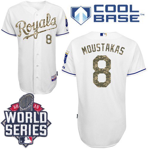 Men's Majestic Kansas City Royals #8 Mike Moustakas Authentic White USMC Cool Base 2015 World Series MLB Jersey