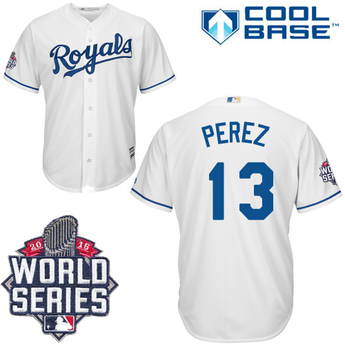 Men's Majestic Kansas City Royals #13 Salvador Perez Authentic White Home Cool Base 2015 World Series MLB Jersey
