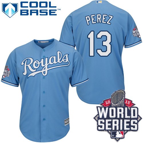 Men's Majestic Kansas City Royals #13 Salvador Perez Authentic Light Blue Alternate 1 Cool Base 2015 World Series MLB Jersey