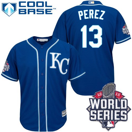 Men's Majestic Kansas City Royals #13 Salvador Perez Replica Blue Alternate 2 Cool Base 2015 World Series MLB Jersey