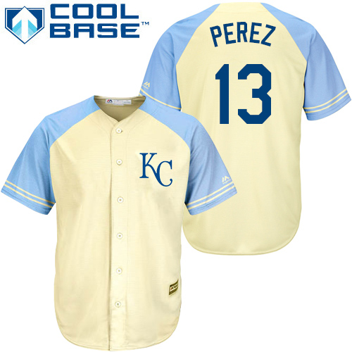 Men's Majestic Kansas City Royals #13 Salvador Perez Replica Cream Exclusive Vintage Cool Base MLB Jersey