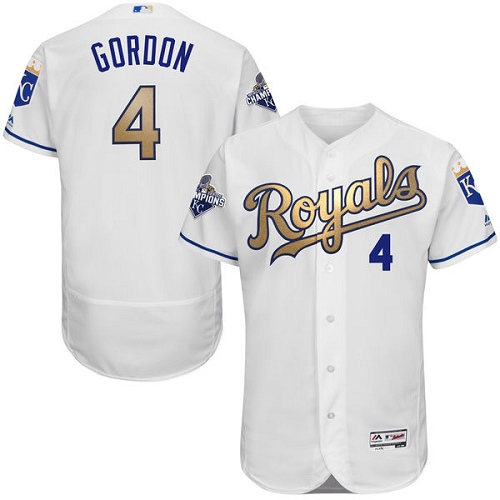 Men's Majestic Kansas City Royals #4 Alex Gordon Authentic White 2015 World Series Champions Gold Program FlexBase MLB Jersey