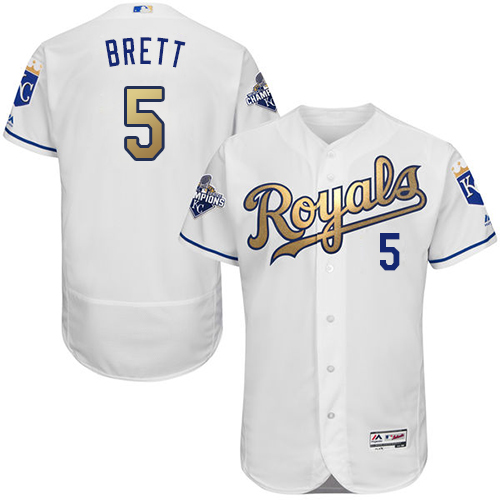 Men's Majestic Kansas City Royals #5 George Brett Authentic White 2015 World Series Champions Gold Program FlexBase MLB Jersey