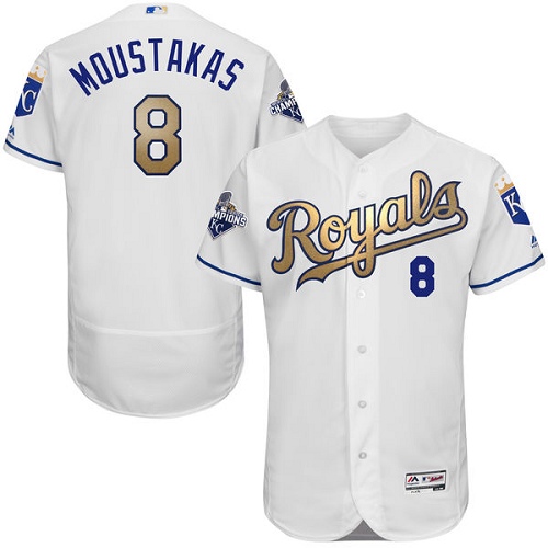 Men's Majestic Kansas City Royals #8 Mike Moustakas Authentic White 2015 World Series Champions Gold Program FlexBase MLB Jersey