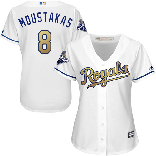 Women's Majestic Kansas City Royals #8 Mike Moustakas Authentic White 2015 World Series Champions Gold Program Cool Base MLB Jersey