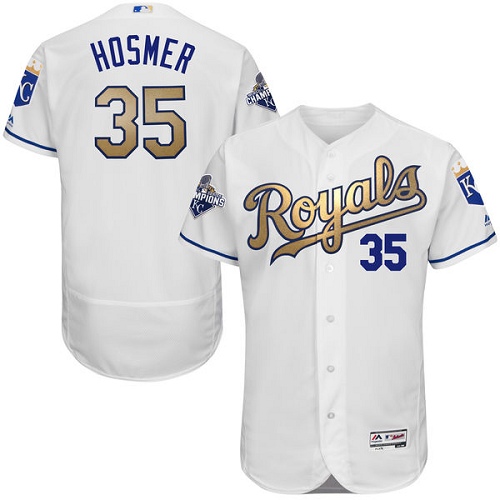 Men's Majestic Kansas City Royals #35 Eric Hosmer Authentic White 2015 World Series Champions Gold Program FlexBase MLB Jersey