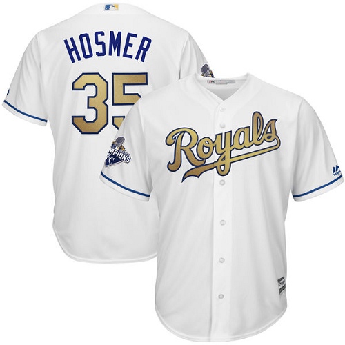 Youth Majestic Kansas City Royals #35 Eric Hosmer Authentic White 2015 World Series Champions Gold Program Cool Base MLB Jersey