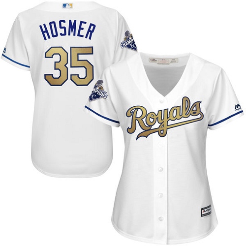 Women's Majestic Kansas City Royals #35 Eric Hosmer Authentic White 2015 World Series Champions Gold Program Cool Base MLB Jersey