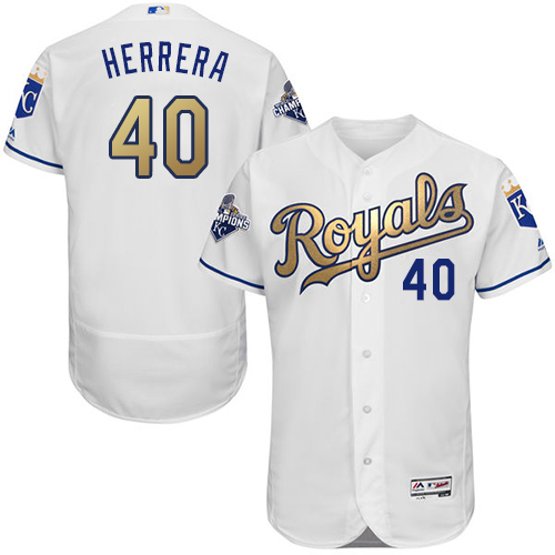 Men's Majestic Kansas City Royals #40 Kelvin Herrera Authentic White 2015 World Series Champions Gold Program FlexBase MLB Jersey