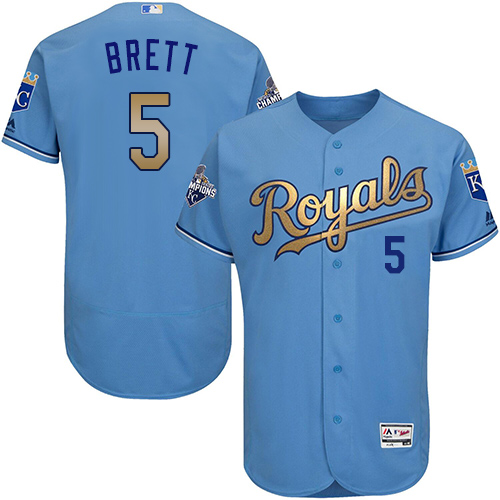 Men's Majestic Kansas City Royals #5 George Brett Authentic Light Blue 2015 World Series Champions Gold Program FlexBase MLB Jersey