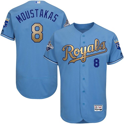 Men's Majestic Kansas City Royals #8 Mike Moustakas Authentic Light Blue 2015 World Series Champions Gold Program FlexBase MLB Jersey