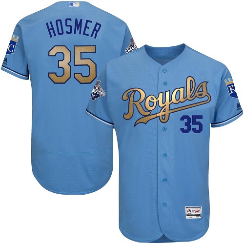 Men's Majestic Kansas City Royals #35 Eric Hosmer Authentic Light Blue 2015 World Series Champions Gold Program FlexBase MLB Jersey