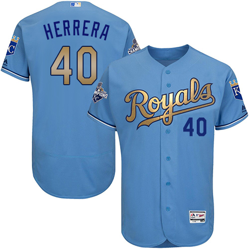 Men's Majestic Kansas City Royals #40 Kelvin Herrera Authentic Light Blue 2015 World Series Champions Gold Program FlexBase MLB Jersey