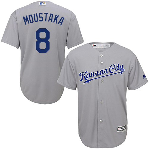 Youth Majestic Kansas City Royals #8 Mike Moustakas Authentic Grey Road Cool Base MLB Jersey
