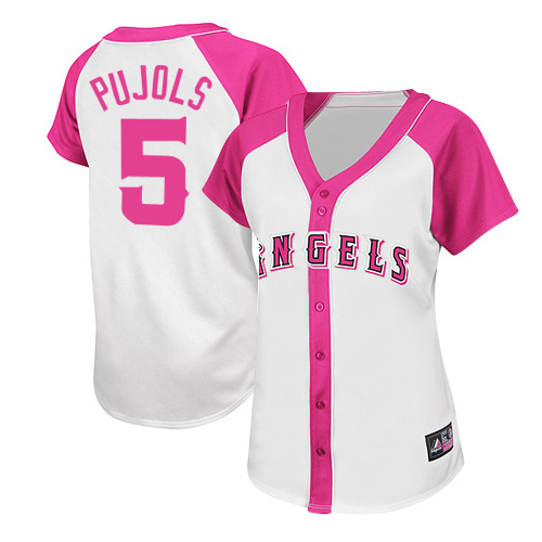 Women's Majestic Los Angeles Angels of Anaheim #5 Albert Pujols Replica White/Pink Splash Fashion MLB Jersey