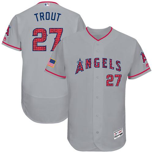 Men's Majestic Los Angeles Angels of Anaheim #27 Mike Trout Grey Stars & Stripes Authentic Collection Flex Base MLB Jersey
