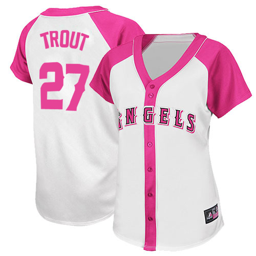 Women's Majestic Los Angeles Angels of Anaheim #27 Mike Trout Authentic White/Pink Splash Fashion MLB Jersey