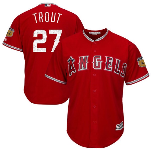 Youth Majestic Los Angeles Angels of Anaheim #27 Mike Trout Authentic Scarlet 2017 Spring Training Cool Base MLB Jersey