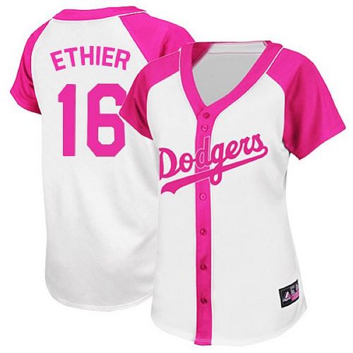Women's Majestic Los Angeles Dodgers #16 Andre Ethier Authentic White/Pink Splash Fashion MLB Jersey