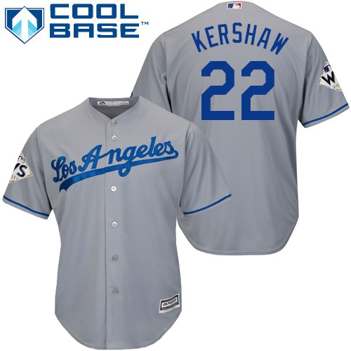 Men's Majestic Los Angeles Dodgers #22 Clayton Kershaw Replica Grey Road 2017 World Series Bound Cool Base MLB Jersey