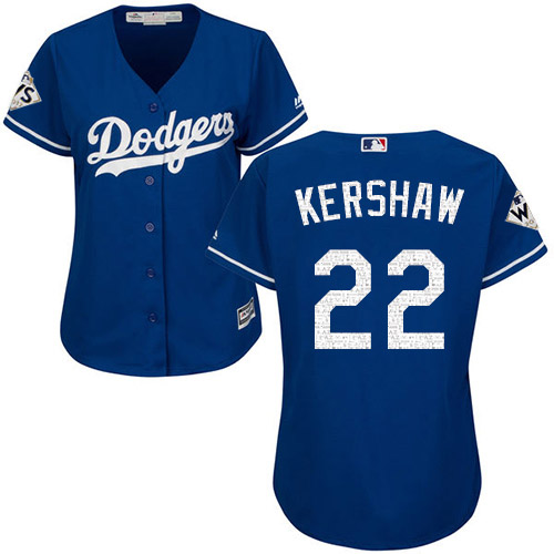 Women's Majestic Los Angeles Dodgers #22 Clayton Kershaw Authentic Royal Blue Alternate 2017 World Series Bound Cool Base MLB Jersey