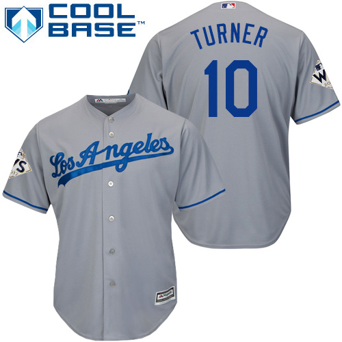 Men's Majestic Los Angeles Dodgers #10 Justin Turner Replica Grey Road 2017 World Series Bound Cool Base MLB Jersey
