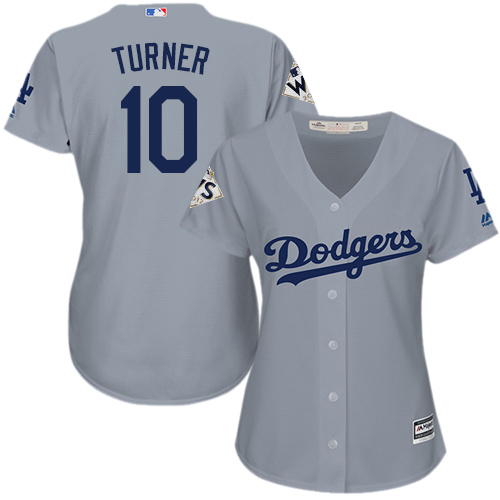 Women's Majestic Los Angeles Dodgers #10 Justin Turner Replica Grey Road 2017 World Series Bound Cool Base MLB Jersey