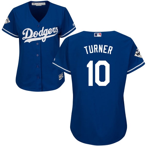 Women's Majestic Los Angeles Dodgers #10 Justin Turner Authentic Royal Blue Alternate 2017 World Series Bound Cool Base MLB Jersey