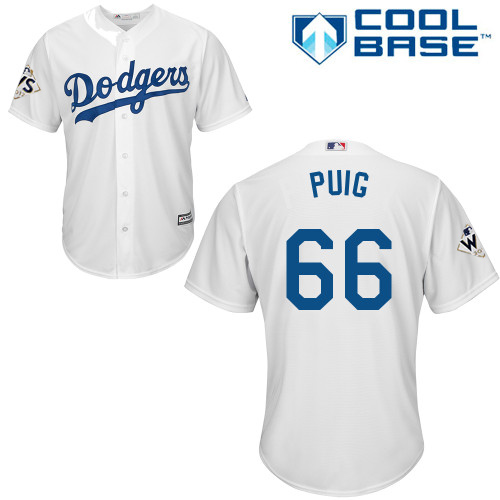 Men's Majestic Los Angeles Dodgers #66 Yasiel Puig Replica White Home 2017 World Series Bound Cool Base MLB Jersey