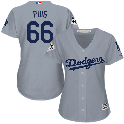 Women's Majestic Los Angeles Dodgers #66 Yasiel Puig Authentic Grey Road 2017 World Series Bound Cool Base MLB Jersey