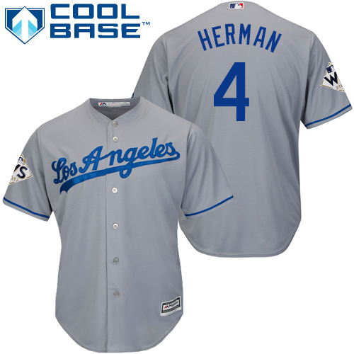 Men's Majestic Los Angeles Dodgers #4 Babe Herman Replica Grey Road 2017 World Series Bound Cool Base MLB Jersey
