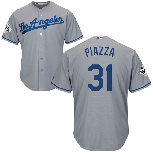 Men's Majestic Los Angeles Dodgers #31 Mike Piazza Replica Grey Road 2017 World Series Bound Cool Base MLB Jersey