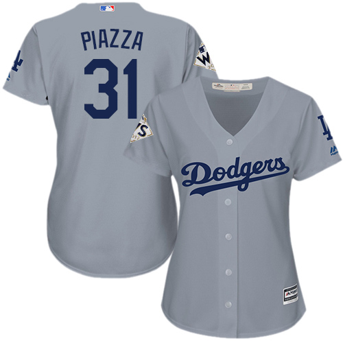 Women's Majestic Los Angeles Dodgers #31 Mike Piazza Authentic Grey Road 2017 World Series Bound Cool Base MLB Jersey