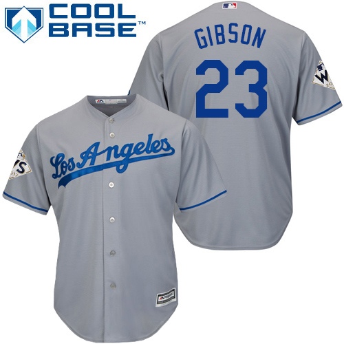 Men's Majestic Los Angeles Dodgers #23 Kirk Gibson Replica Grey Road 2017 World Series Bound Cool Base MLB Jersey