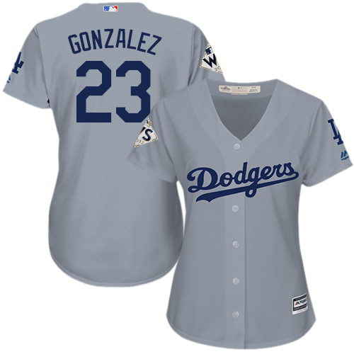 Women's Majestic Los Angeles Dodgers #23 Adrian Gonzalez Authentic Grey Road 2017 World Series Bound Cool Base MLB Jersey