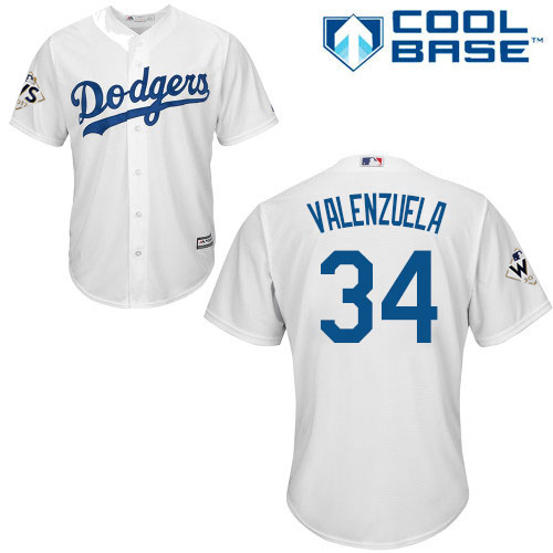Youth Majestic Los Angeles Dodgers #34 Fernando Valenzuela Replica White Home 2017 World Series Bound Cool Base MLB Jersey