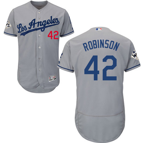 Men's Majestic Los Angeles Dodgers #42 Jackie Robinson Authentic Grey Road 2017 World Series Bound Flex Base MLB Jersey