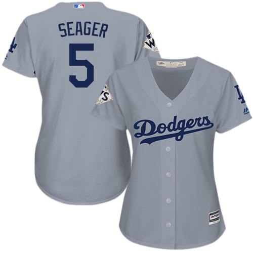 Women's Majestic Los Angeles Dodgers #5 Corey Seager Replica Grey Road 2017 World Series Bound Cool Base MLB Jersey