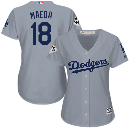 Women's Majestic Los Angeles Dodgers #18 Kenta Maeda Authentic Grey Road 2017 World Series Bound Cool Base MLB Jersey