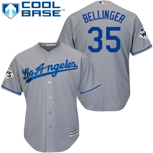 Men's Majestic Los Angeles Dodgers #35 Cody Bellinger Replica Grey Road 2017 World Series Bound Cool Base MLB Jersey