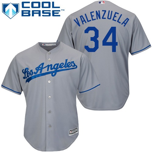 Men's Majestic Los Angeles Dodgers #34 Fernando Valenzuela Replica Grey Road Cool Base MLB Jersey