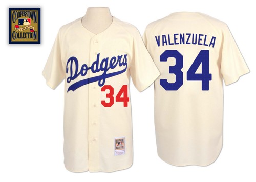 Men's Mitchell and Ness Los Angeles Dodgers #34 Fernando Valenzuela Replica Cream Throwback MLB Jersey