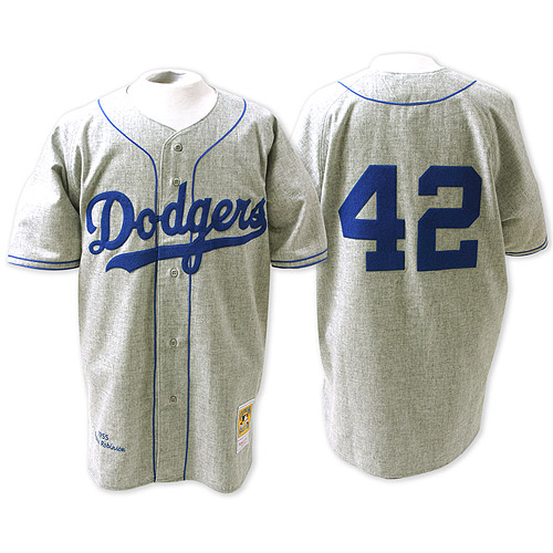 Men's Mitchell and Ness Los Angeles Dodgers #42 Jackie Robinson Authentic Grey Throwback MLB Jersey